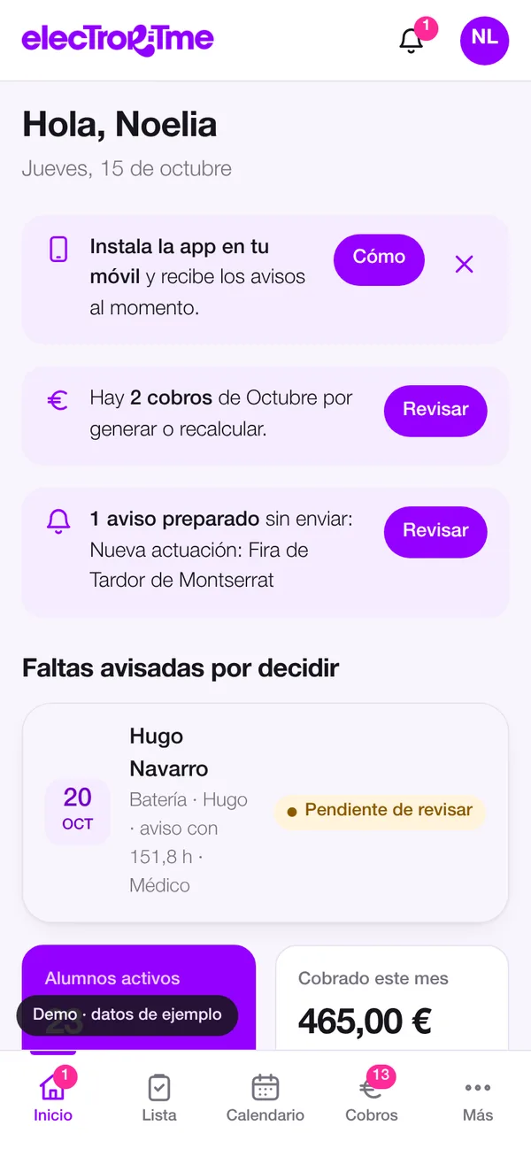 App de ElectroRitme vista por la dirección: cobros por revisar, avisos y faltas