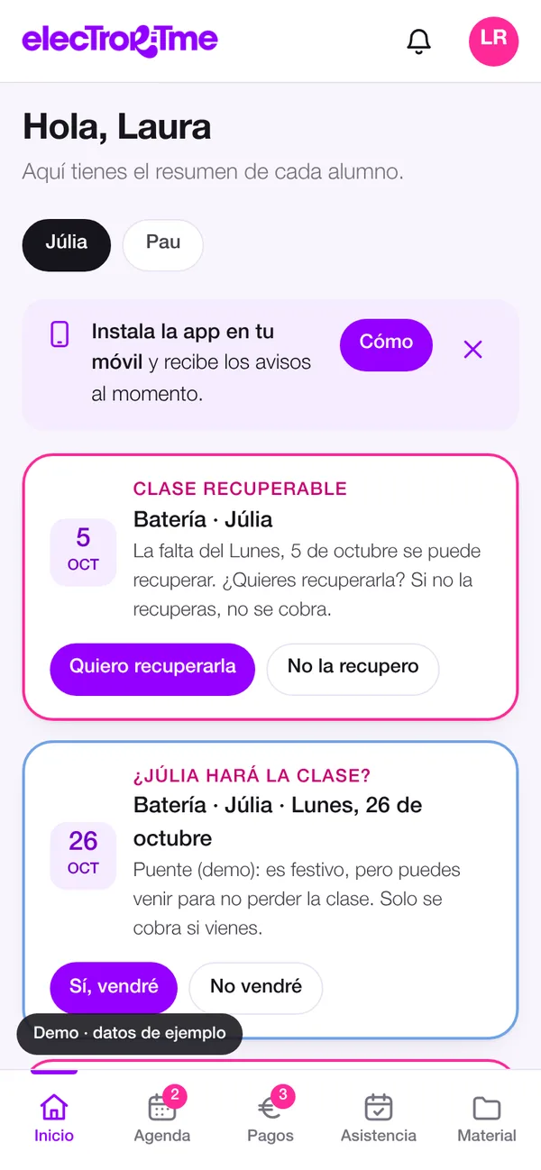 App de ElectroRitme vista por una familia: clases recuperables y asistencia