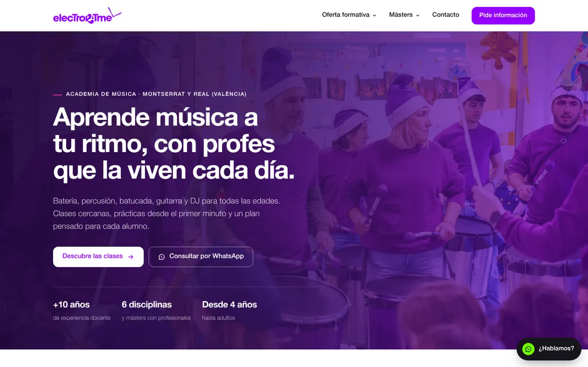 Portada de la web de ElectroRitme: aprende música a tu ritmo, con profes que la viven cada día