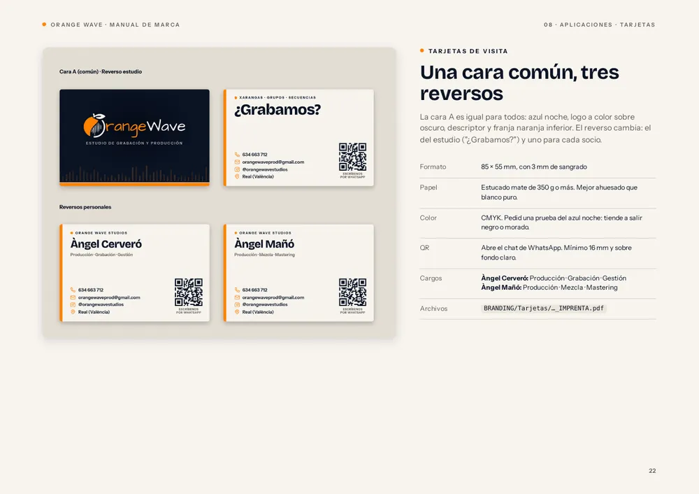 Tarjetas de visita de Orange Wave en el manual de marca