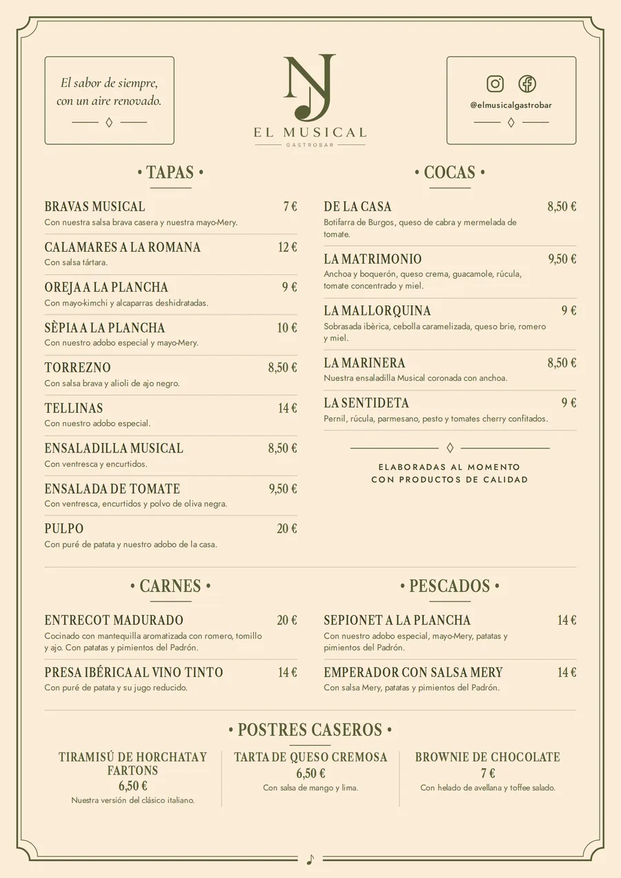Carta de El Musical Gastrobar diseñada con su nueva imagen