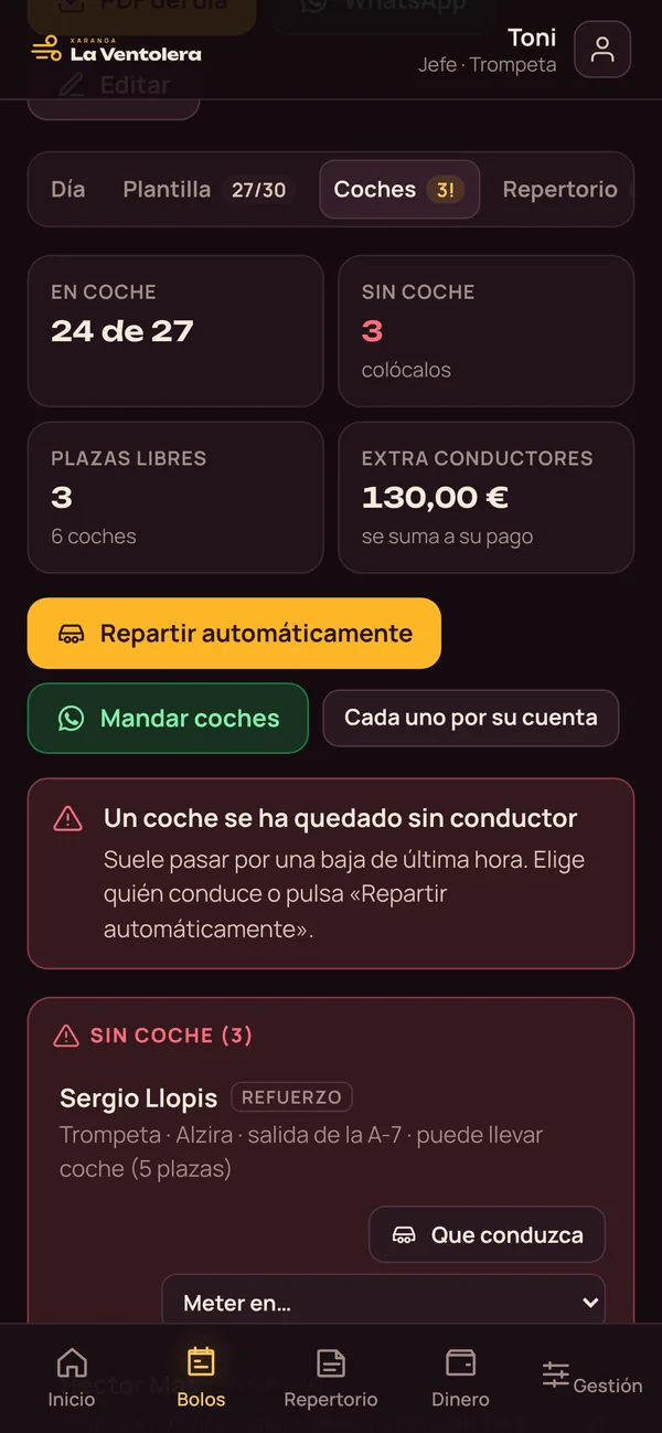 Reparto automático de los coches para ir a una fiesta en la app de xarangas